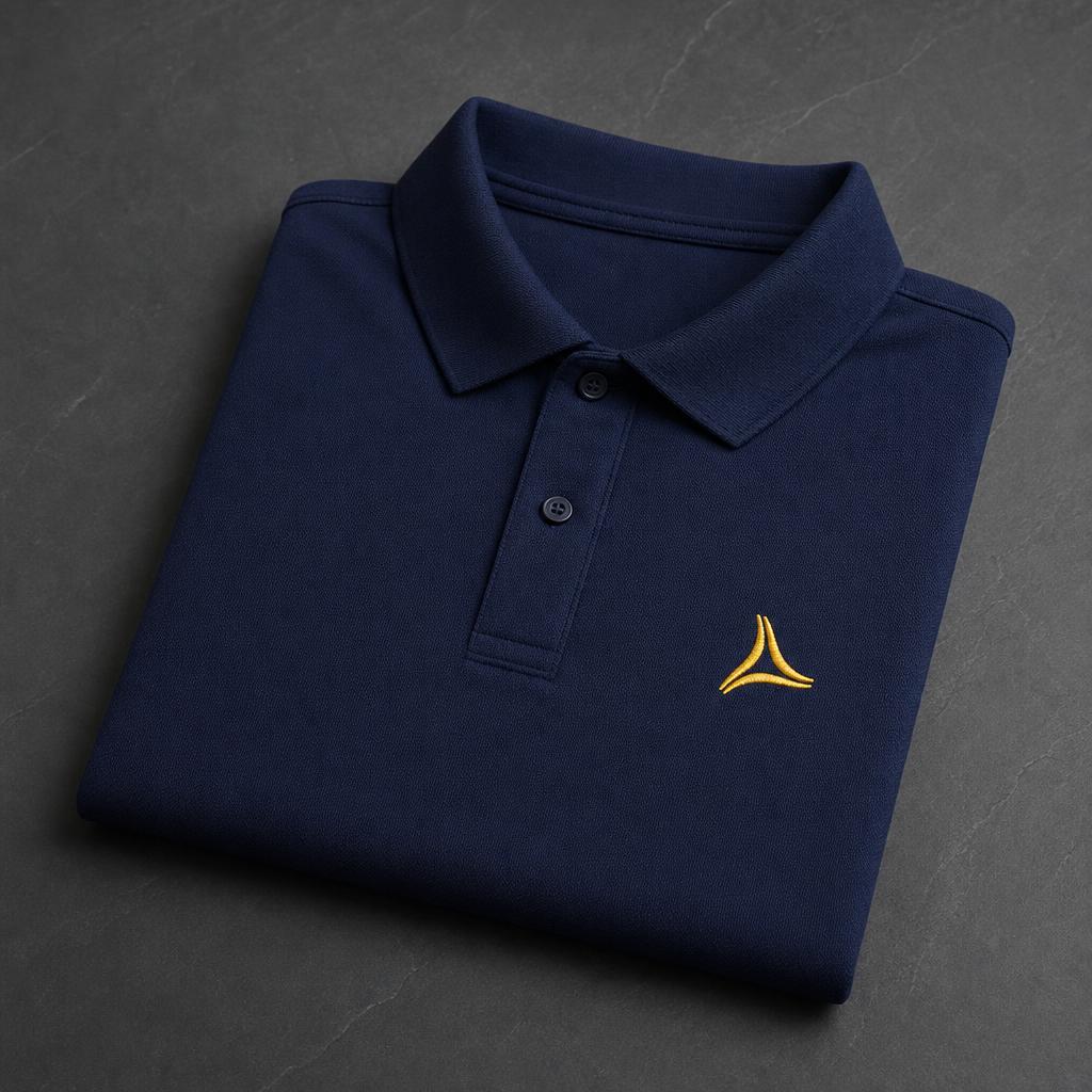 Folded navy branded polo shirt with yellow trim