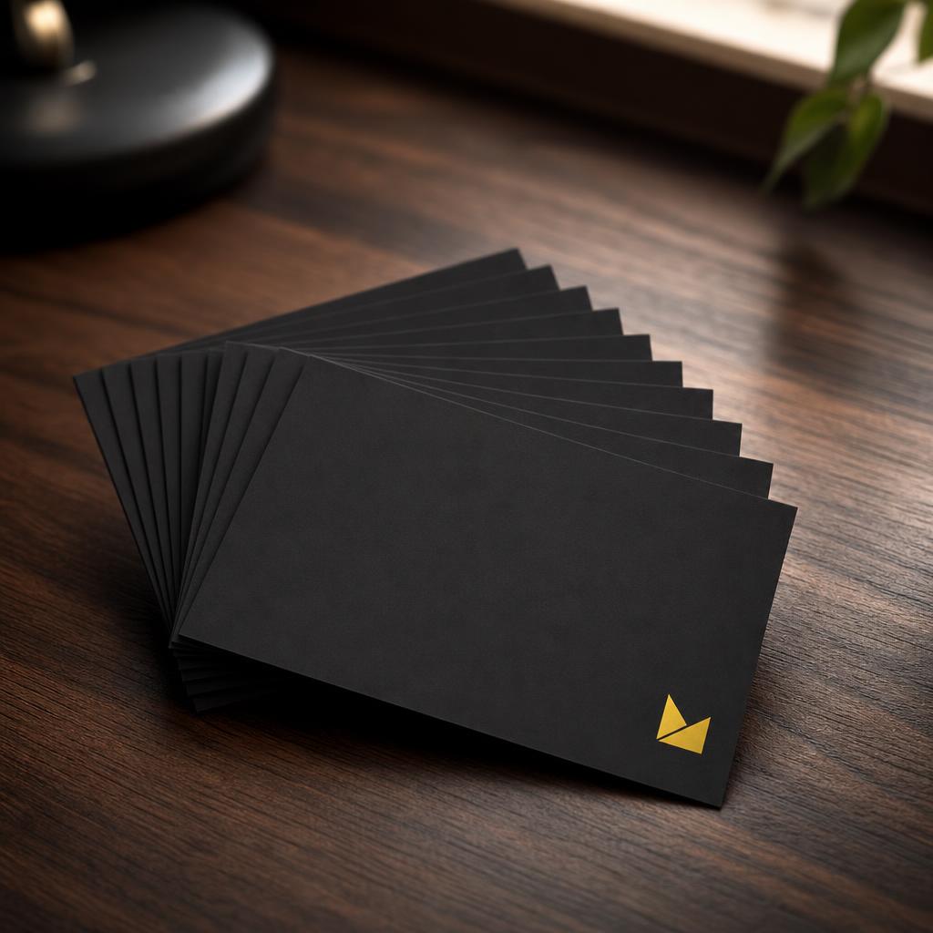Stack of matte branded business cards on a wooden desk