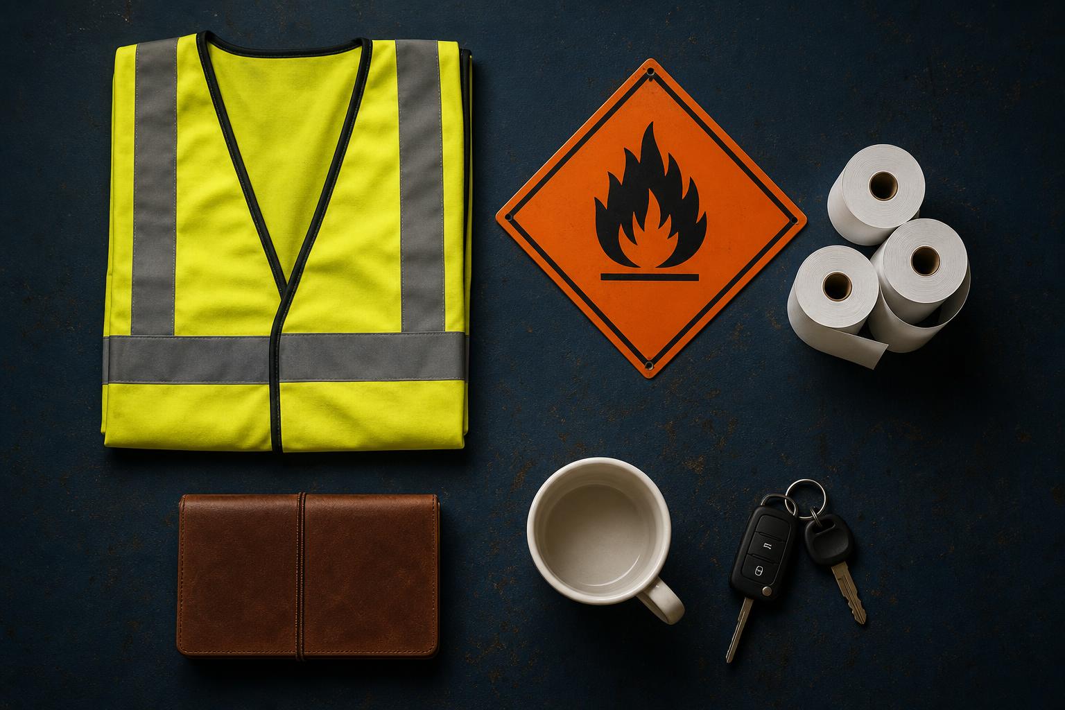 Fleet kit flat-lay: branded hi-vis, business cards, branded mug and pull-up banner laid out on a navy depot bench