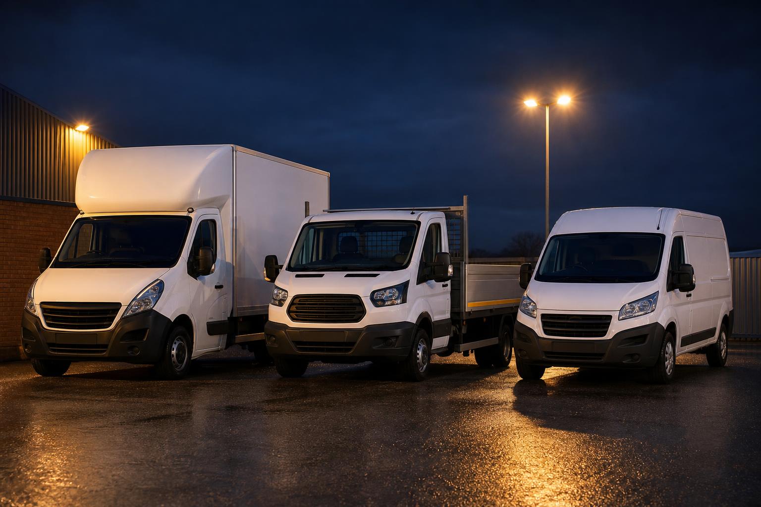 UK fleet vehicles lined up at a depot at dusk — box vans, flatbed and transit van