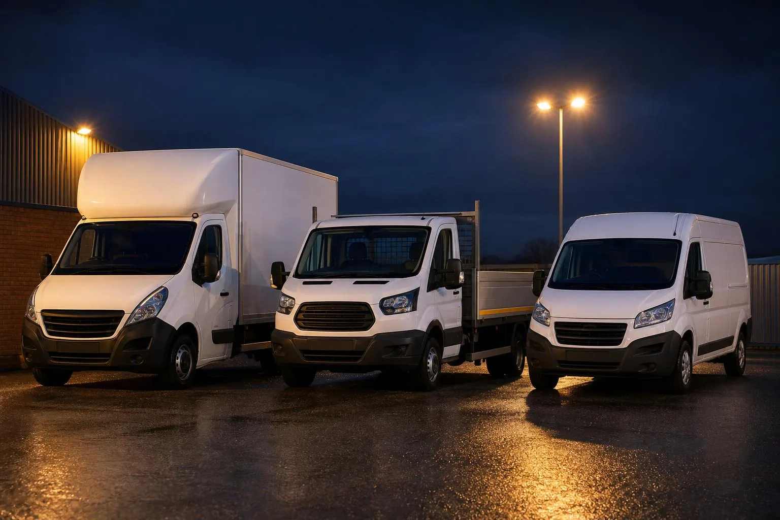 UK fleet vehicles lined up at a depot at dusk — box vans, flatbed and transit van