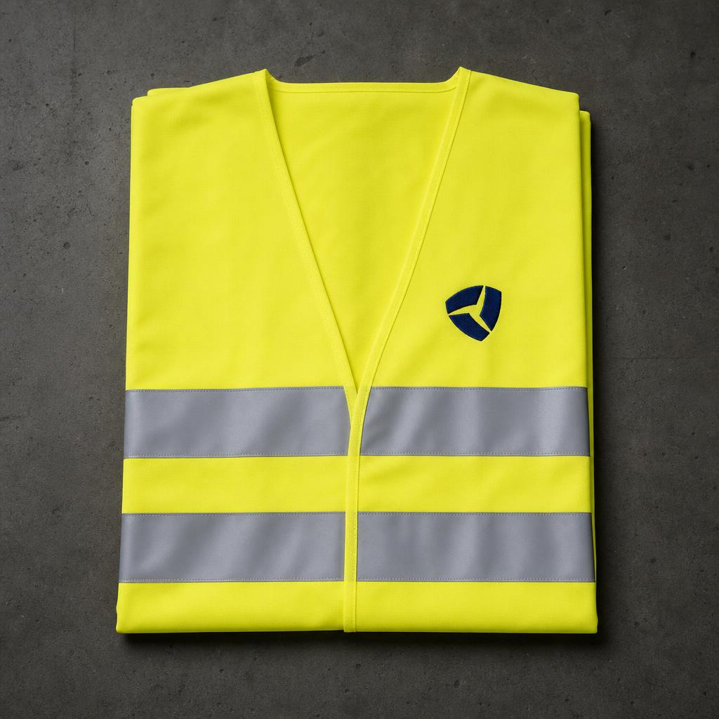 Folded branded hi-vis vest on a charcoal surface