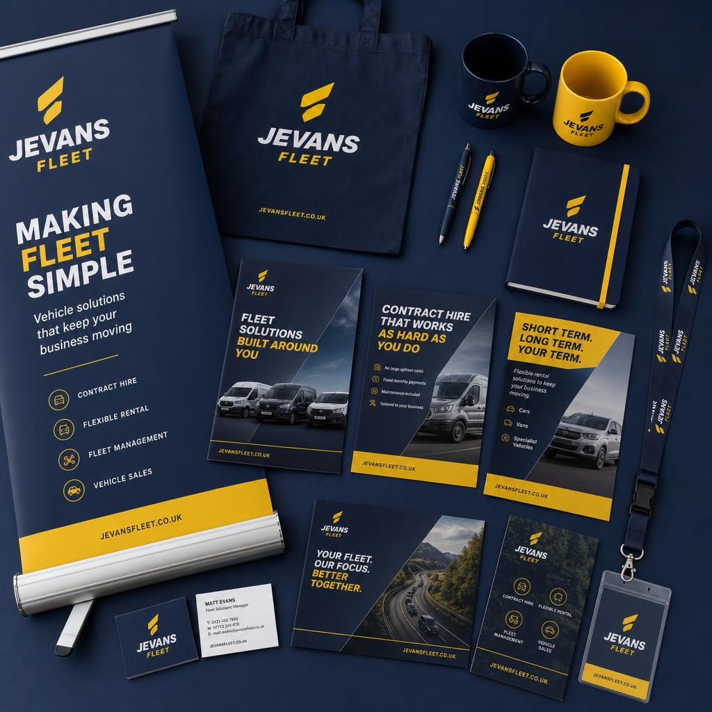 Branded pull-up banner and marketing collateral in navy and yellow