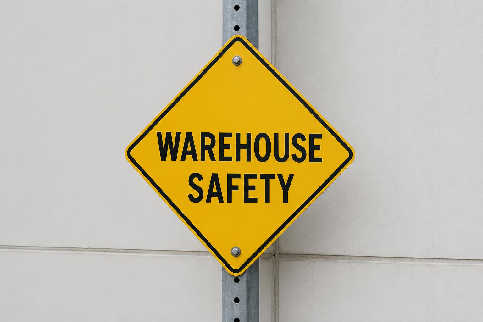 Yellow warehouse safety sign on a metal post